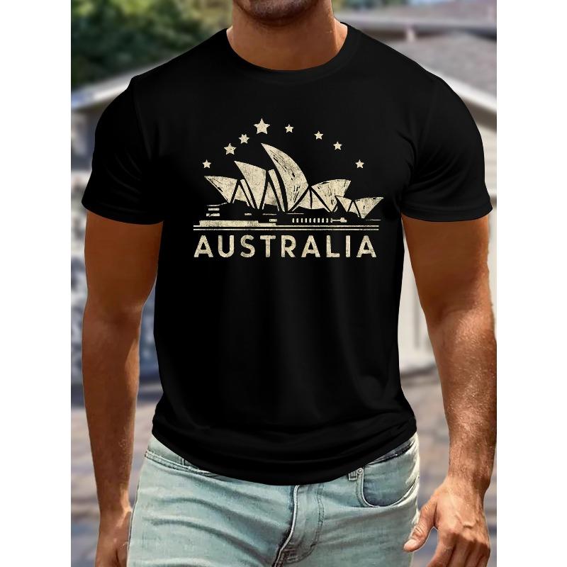 European sizes Men s Australia Sydney Opera House Graphic T-Shirt - Casual Crew Neck Tee with Star Pattern, Slight Stretch Knit Fabric S чёрный