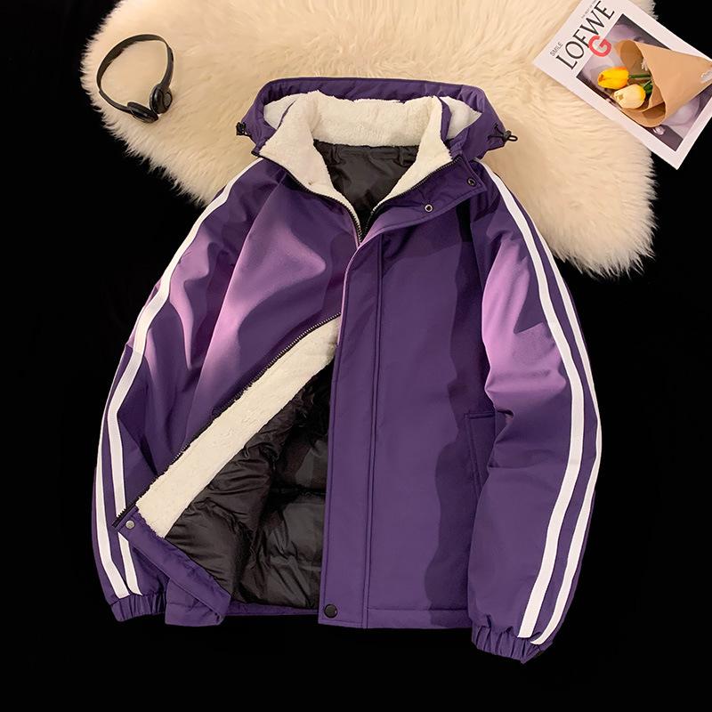 

Зима 2025 капюшон свободный и универсальный ветрозащитный и холодный хлопок-набитый одежда для мужчин и женщин капюшон однотонный пара хлопок-набитый одежда 3XL фиолетовый