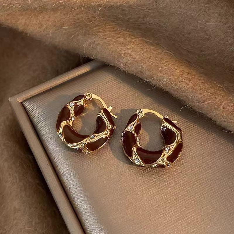 Vintage Brown U-shaped Earrings for Women Girl Simple Coffee Color Round Beaded Hoop Earrings Temperament Wedding Bride Jewelry