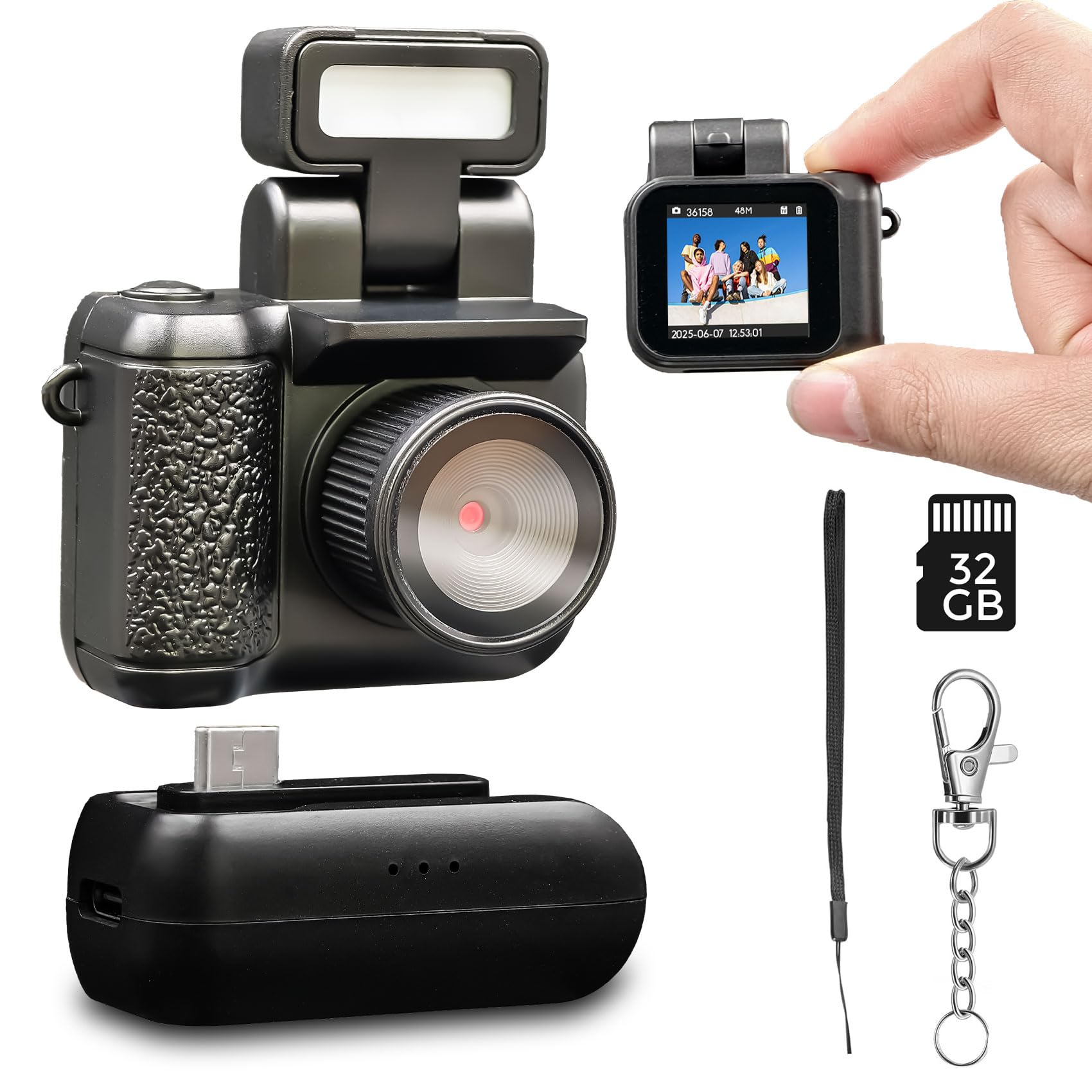 

Mini Digital Camera inch Screen Base Lightweight Keychain 6 Compact Digital Camera 1080P/1.44 (32GB+Charging Included) 27g, Set, Filters, (Black) чорний