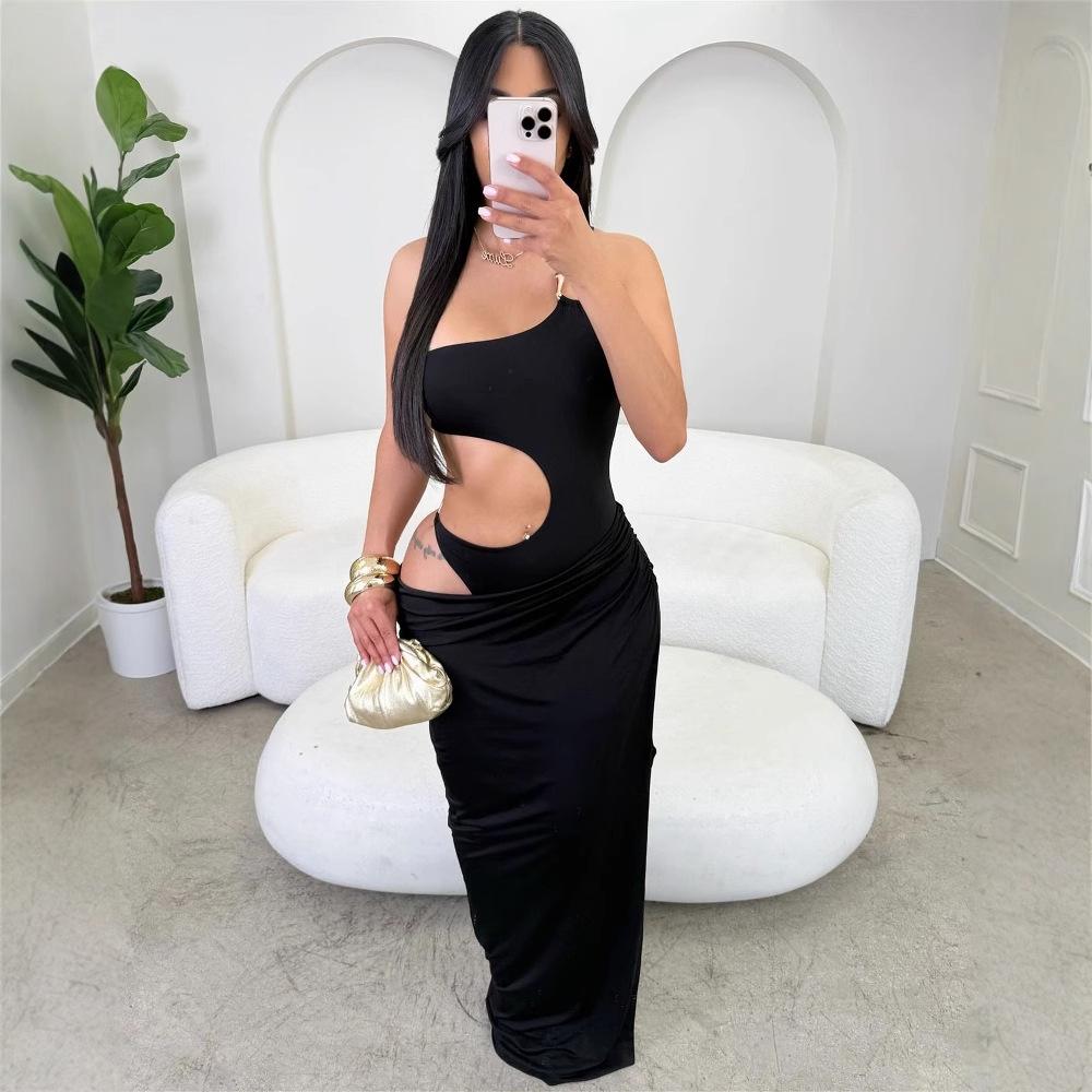 Europe and the United States new cross-border fashion banquet solid color temperament slim sexy hollow design long dress hip dress women