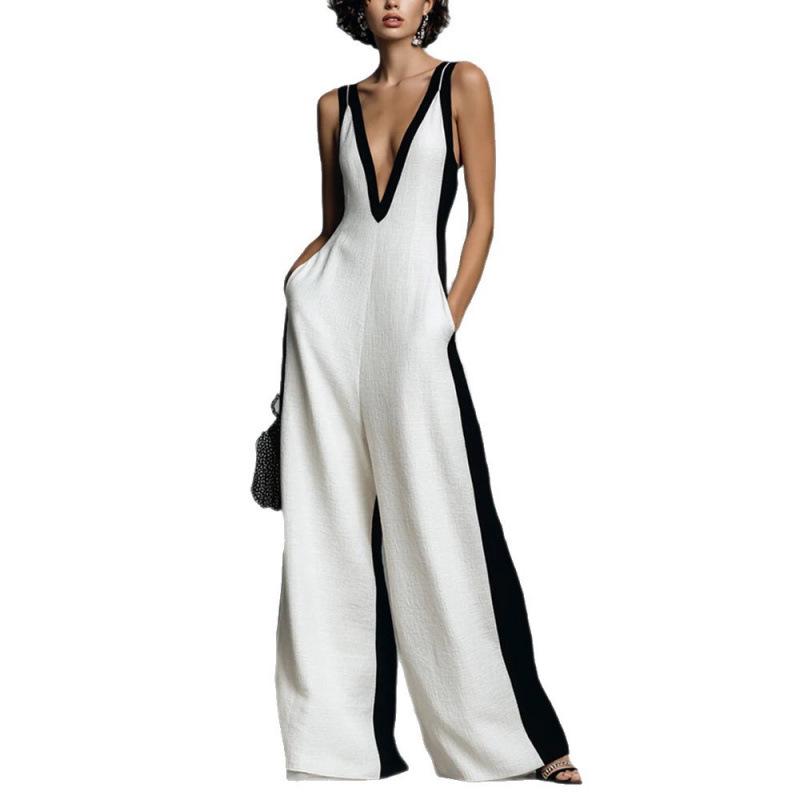 2026 Black & White Color Block Women's Deep V-Neck Jumpsuit with Thin Straps