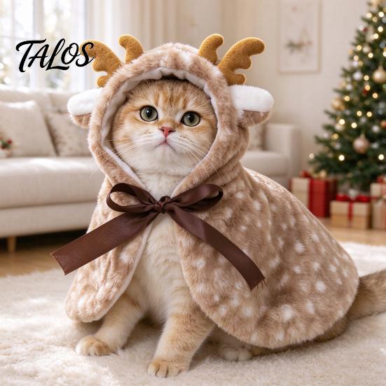 Cozy Pet Cape Christmas Deer Cat Cape, Fuzzy Spotted Puppy Cloak with Antlers, Plush Antler for Dogs Cute Cosplay Cats Small Winter Holiday