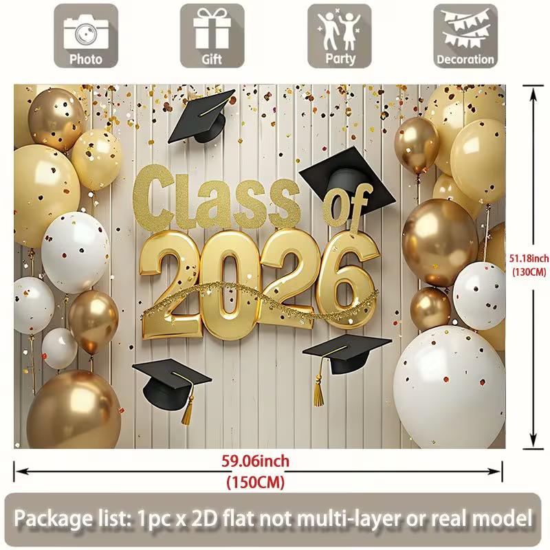 2D Class of 2026 Graduation Photography Background Cloth Gold Balloon Party Backdrop