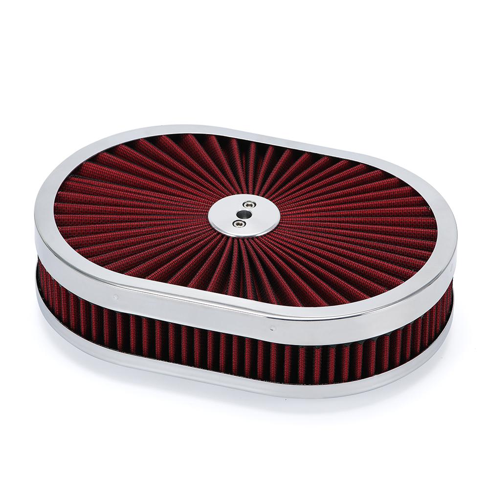 12"x2" Oval Air Cleaner Filter Assembly 5-1/8" Carb Neck W/ Flow-Thru Lid High Flow Chrome for GMC Chevy Ford Chryler Dodge Red