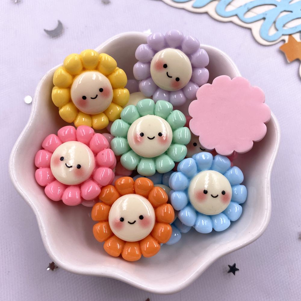 14pcs Resin 22mm Cute Colorful Smile Sunflower Figurine Flatback Cabochon Stone DIY Scrapbook  Decor Jewelry Crafts Accessories