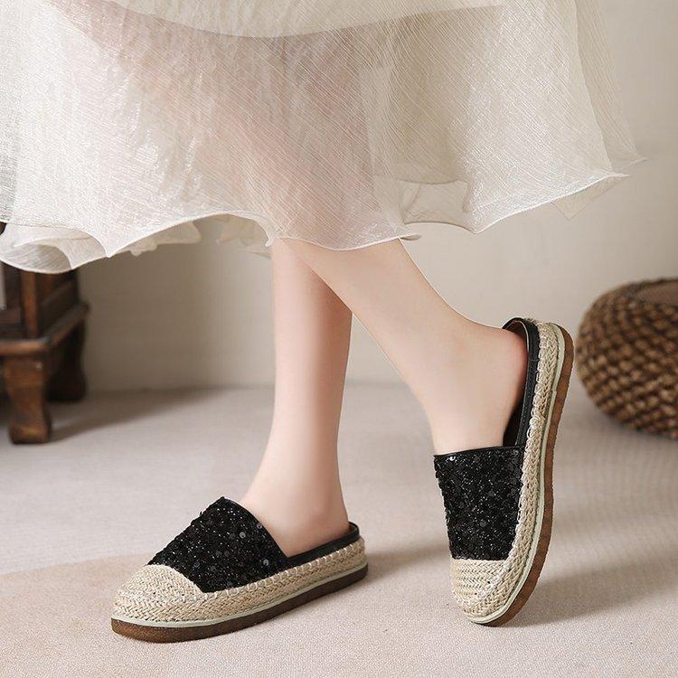 Sequin Woven Half Slippers Women's Summer Wear 2025 Comfortable Straw Fisherman Shoes Platform Lazy One Pedal Muller Shoes