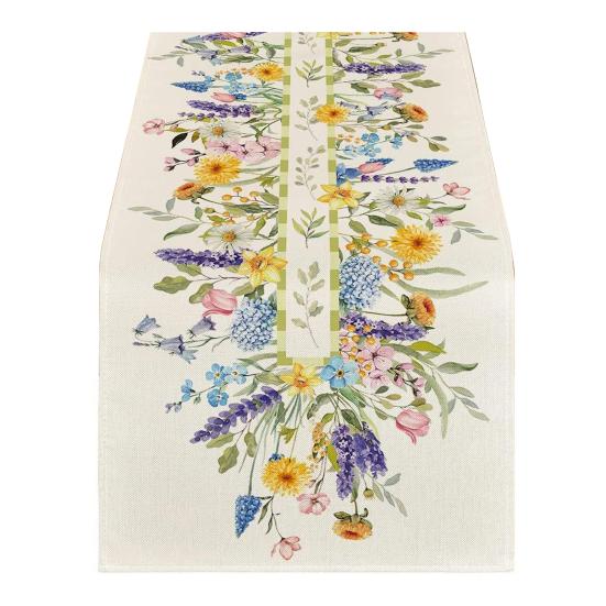 Spring Table Runner Floral Linen Table Runner Seasonal Summer Wildflowers Kitchen Dining Decoration for Home Party Decor