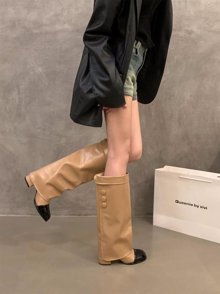 High-heeled small fragrant wind color matching high knight boots women's shoes 2025 new spring, autumn and winter khaki long tube boots