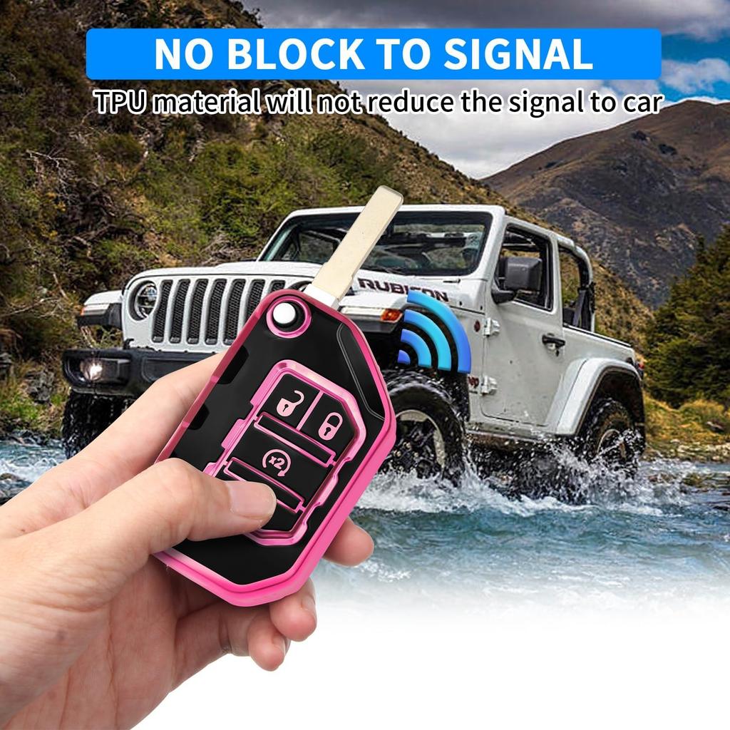 QBUC For Jeep Key Fob Cover With Keychain Compatible With Jeep Wrangler JLU JL Gladiator Rubicon JT Car Flip Key (Pink)
