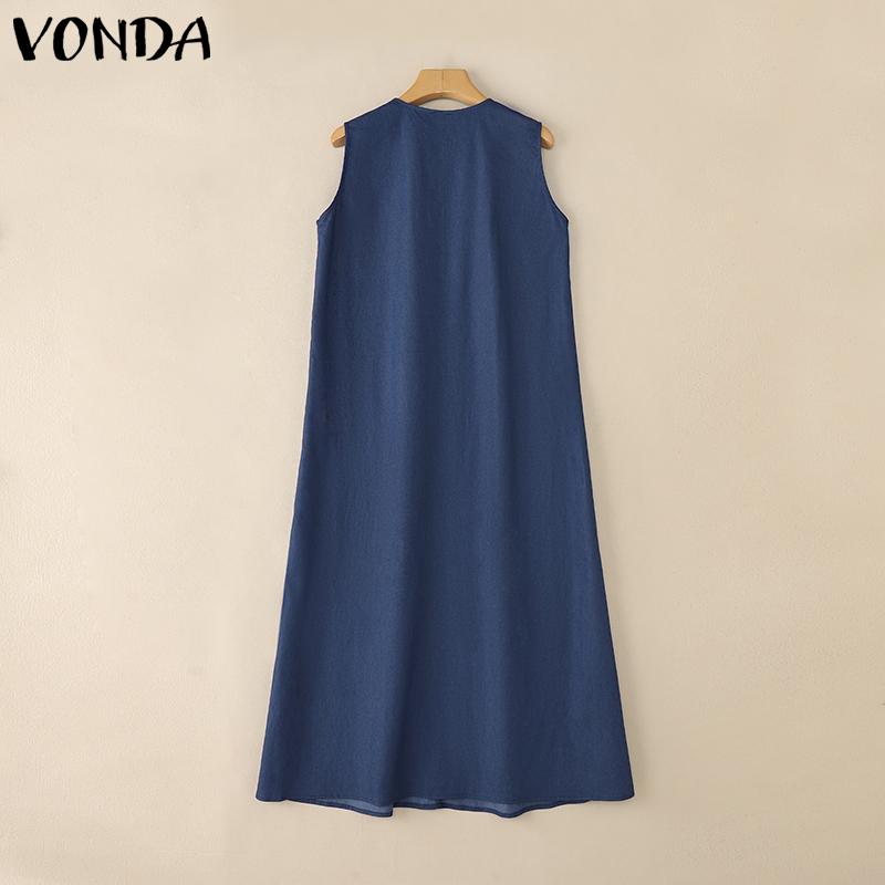 VONDA Women Round Neck Sleeveless Solid Color Casual Long Tunic Dress
