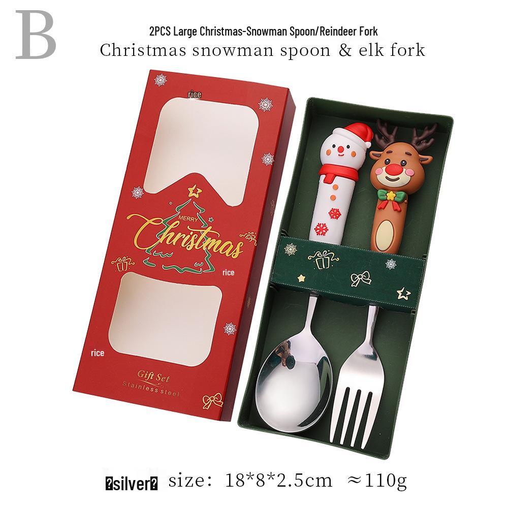 Reindeer Cartoon Christmas Spoon & Fork Set - Cute Stainless Steel Gift in Color Box