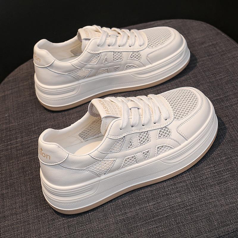 Summer mesh breathable hollow soft leather little white shoes women's shoes 2025 new thick-soled heightening casual sports board shoes