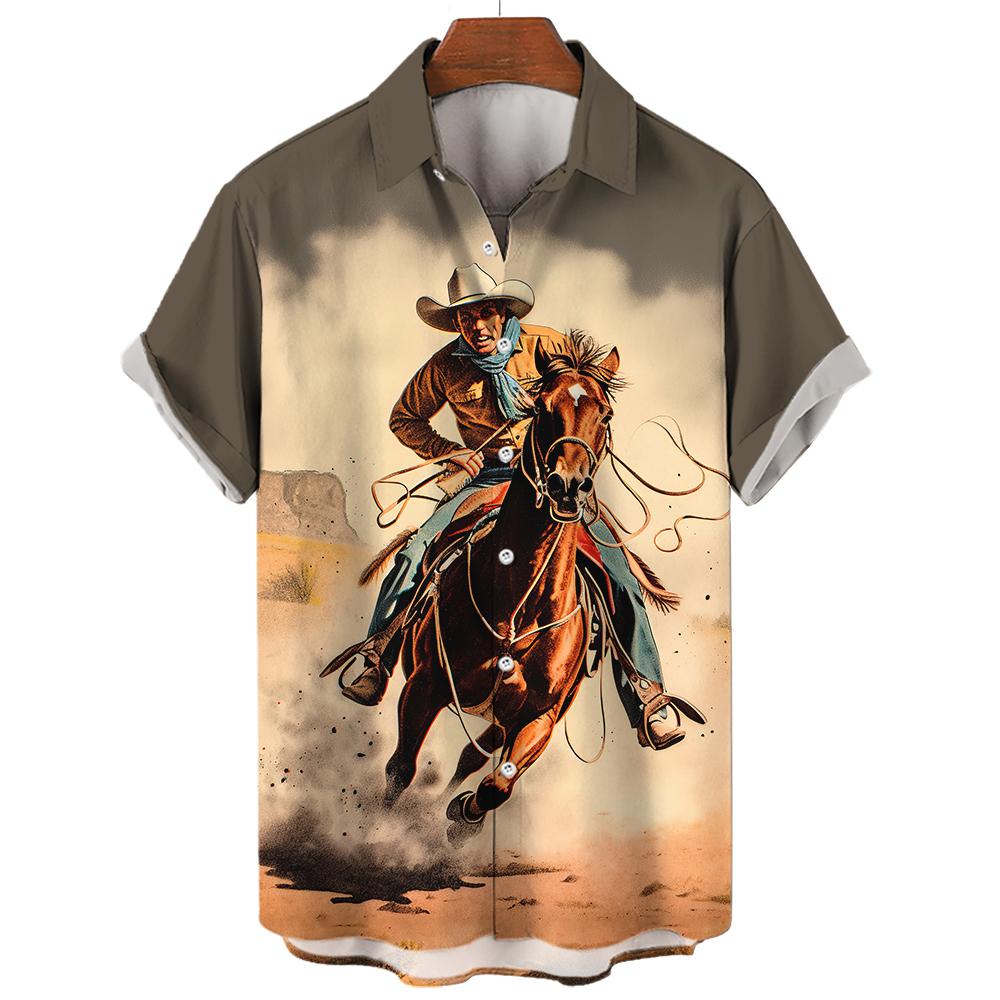 Western Denim Shirt For Men 3d Printed Oversized Hawaiian Sweatshirt Casual Short Sleeved V-Neck Men'S Clothing Street Daily Top