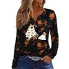 Women's Casual Halloween Print V-Neck Long Sleeve T-Shirt with Decorative Buttons