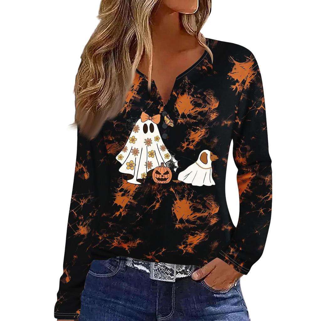 Women's Casual Halloween Print V-Neck Long Sleeve T-Shirt with Decorative Buttons