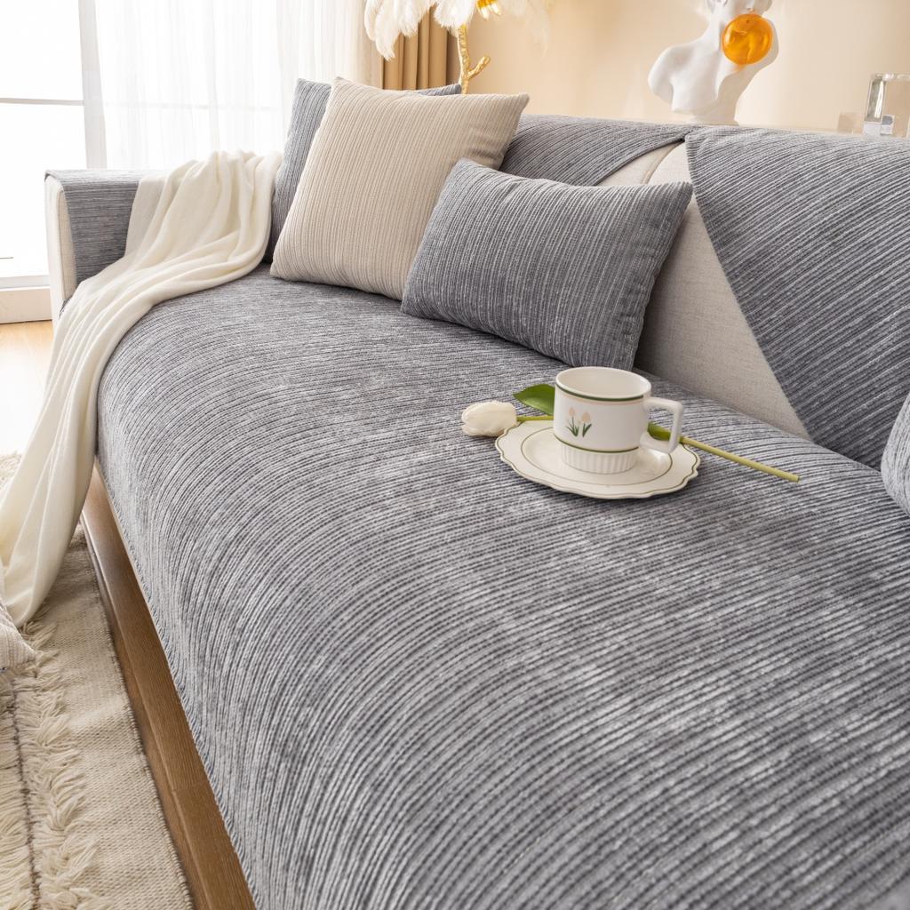 Simplized Solid Thick Non-Slip Chenille Sofa Cushion Cover, Geometric Line Design Universal Sofa Cushion Cover Four Seasons