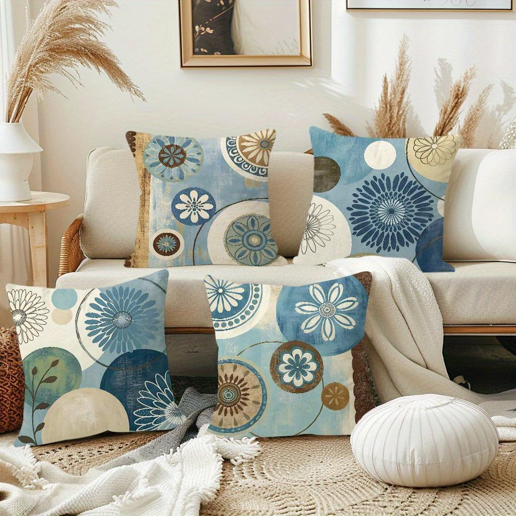 1/4pcs Retro Blue Brown Floral Geometric Throw Pillow Covers Home Decor Cushion Cases Cushion Cover