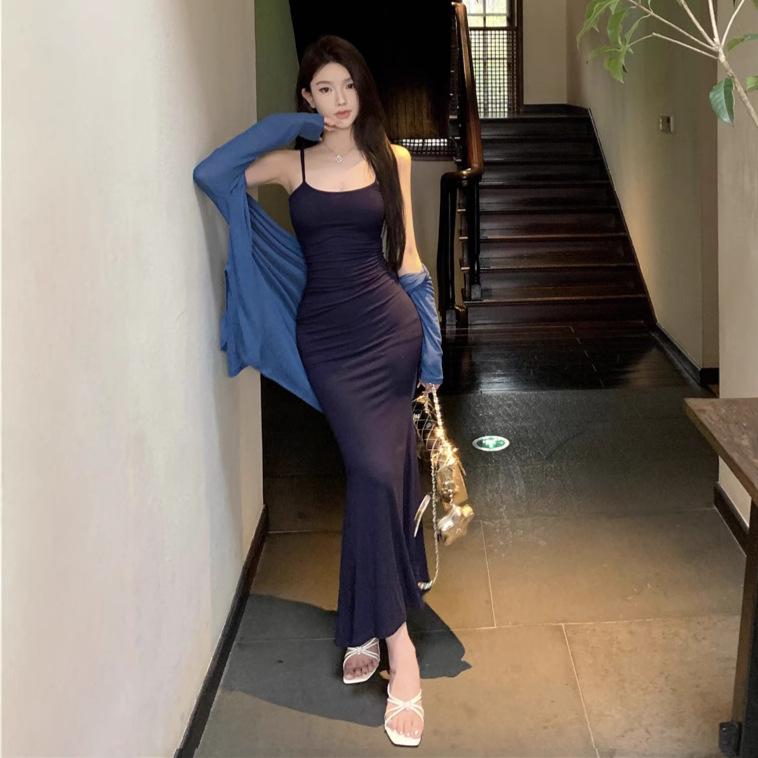 Sexy Tight Suspender Dress Women's Summer Pure Desire Wind Pink Slim Fishtail Dress Showing Figure Hip-wrapped Dress