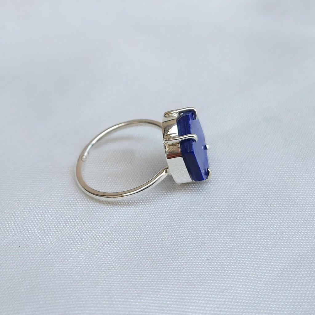 Hexagon Prong Set Lapis Lazuli 925 Sterling Silver Ring Jewelry, Handmade Lapis Ring Jewelry