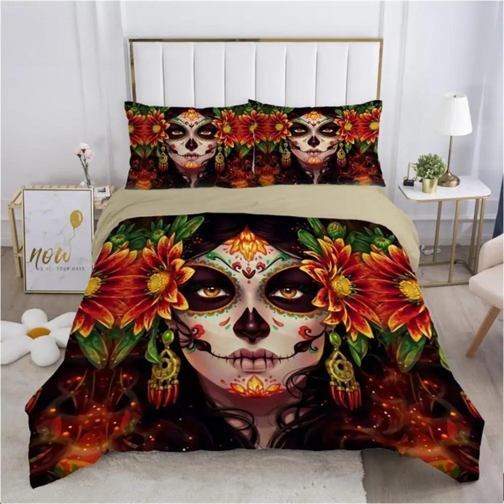 Sugar Skull Duvet Cover Gothic Skull Skeleton Bedding Set Horror Theme Comforter Cover Full King For Teens Adults Bedroom Decor