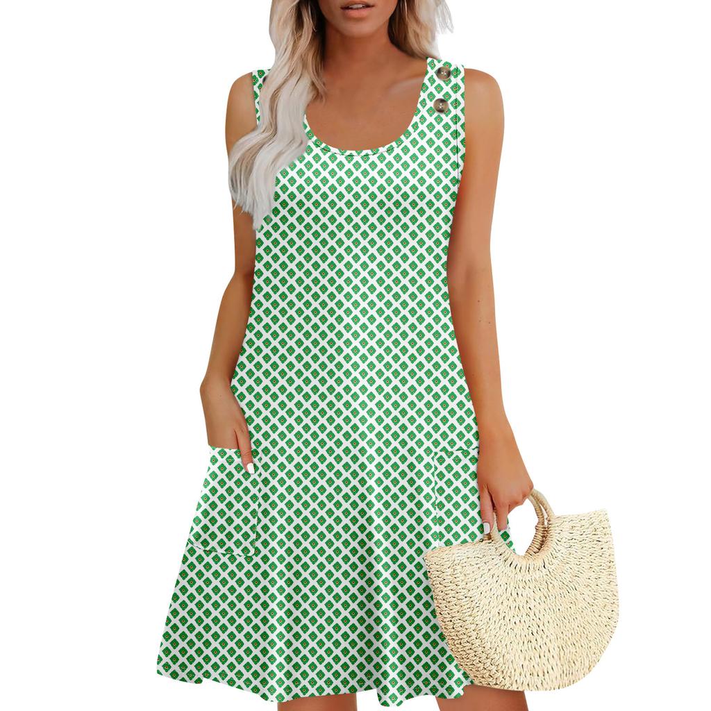 Summer Dresses For Women Beach Boho Sleeveless Printing Flowy Pocket Tshirt Tank Sundresses