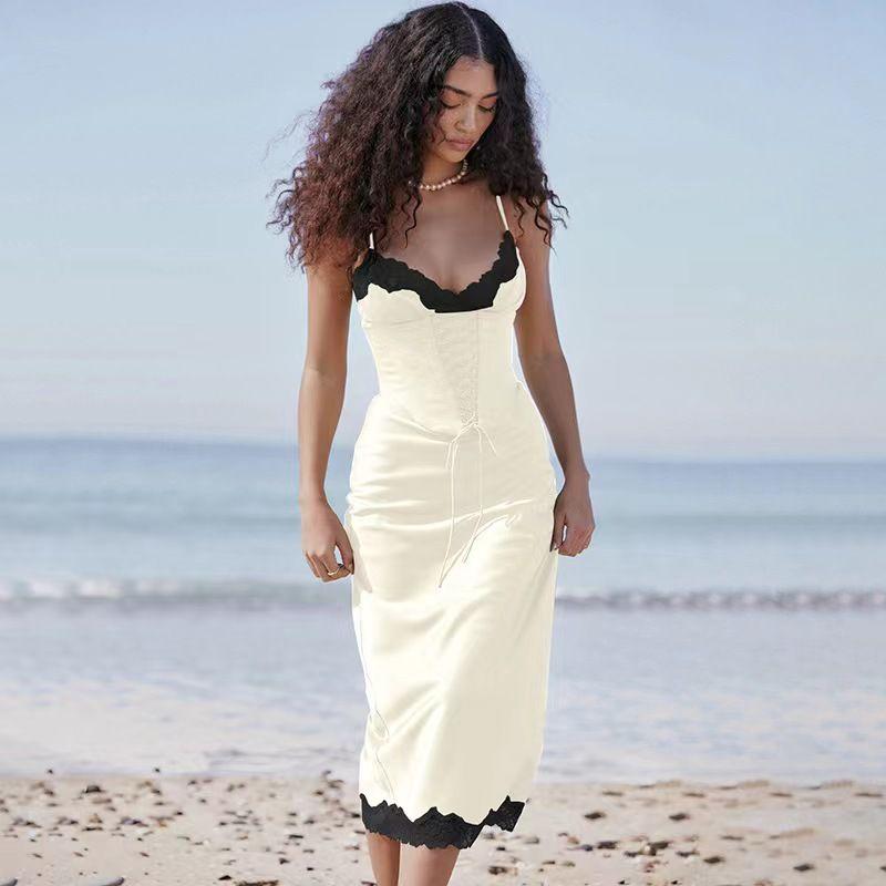 

Fashion Style Fashion Suspenders Lace Lace Sexy Backless Slim Fit Dress Sexy Suspender Dress Khaki L