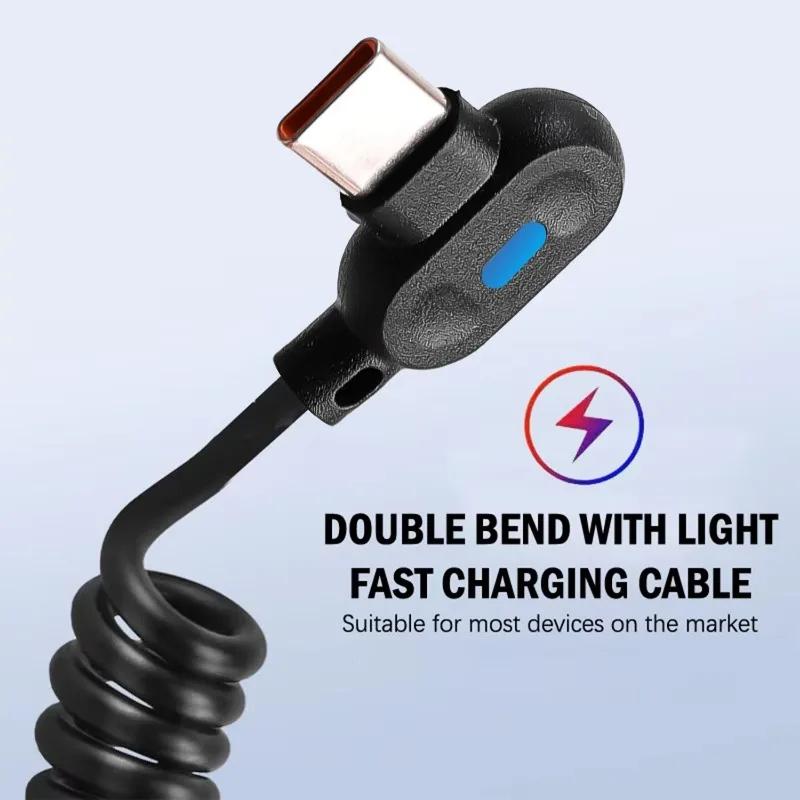 6A USB To Type C Fast Charging Short Spring Cable 90° Elbow USB C Data Cable For Samsung Huawei Xiaomi Phone Charger Wire Cord