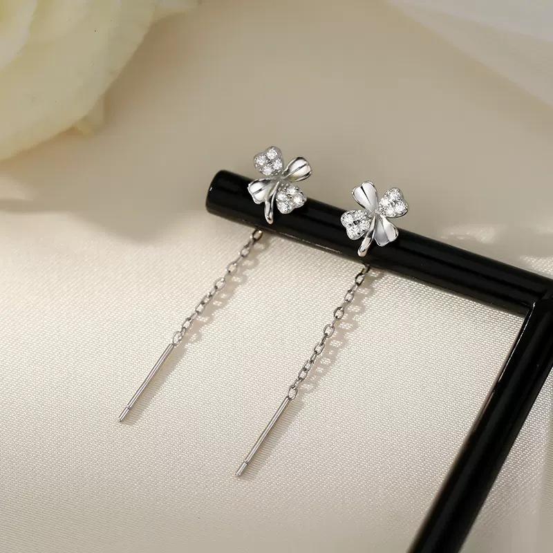 S925 Silver Clover Ear Lines Earrings Minority All-Match Design Ins Phoenix Fresh Tassel Earrings Silver Accessories