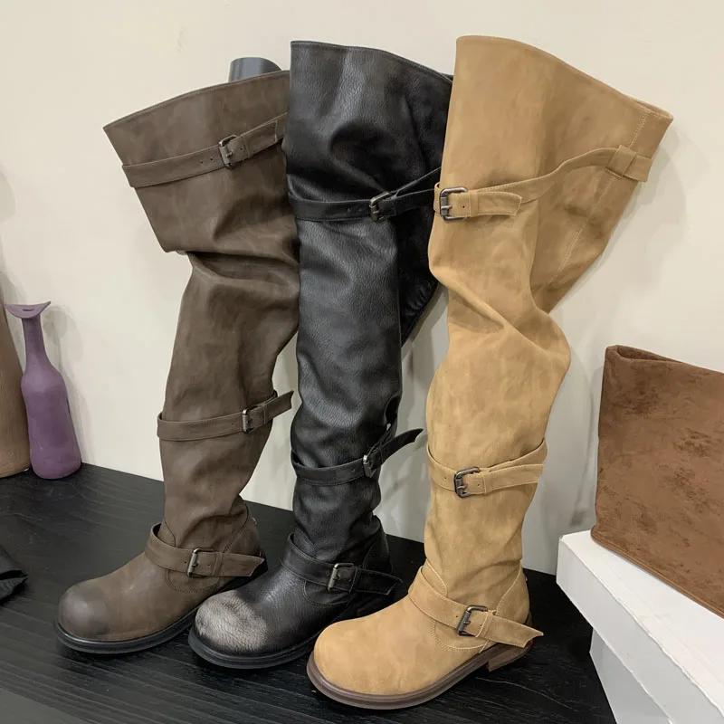 Fashion Eilyken Winter Punk Pleated Round Toe Women Over The Knee Boots Designer Buckle Strap Square Heels Shoes Botas Mujer