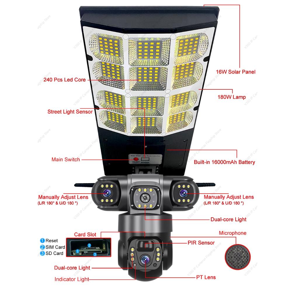 Solar 4G Street Light Camera, 10X Zoom, 3-Lens Recording, Humanoid Tracking, Outdoor Camera Lamp, Remote Control, Waterproof Design