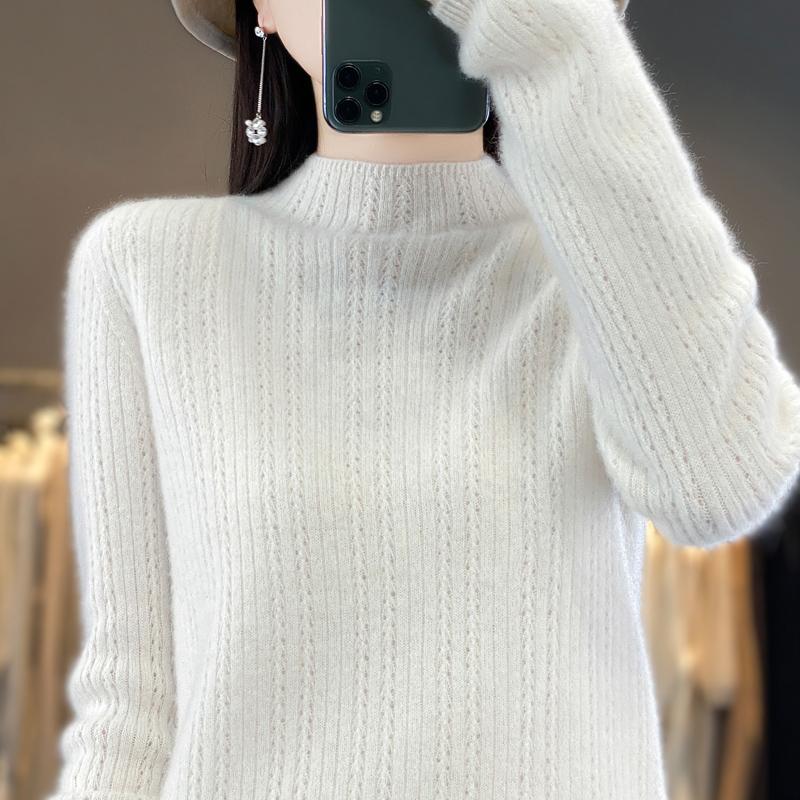 Damski sweter z półgolfem, kaszmir Qinghe, 30% kaszmiru, 70% wełny, zimowy sweter dzianinowy, jesienny sweter kaszmirowy