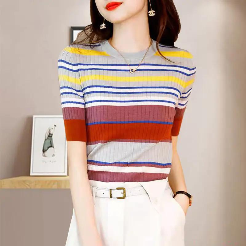Summer Women's Color Block Striped Knit Top Crew Neck Short Sleeve Slim T-Shirt