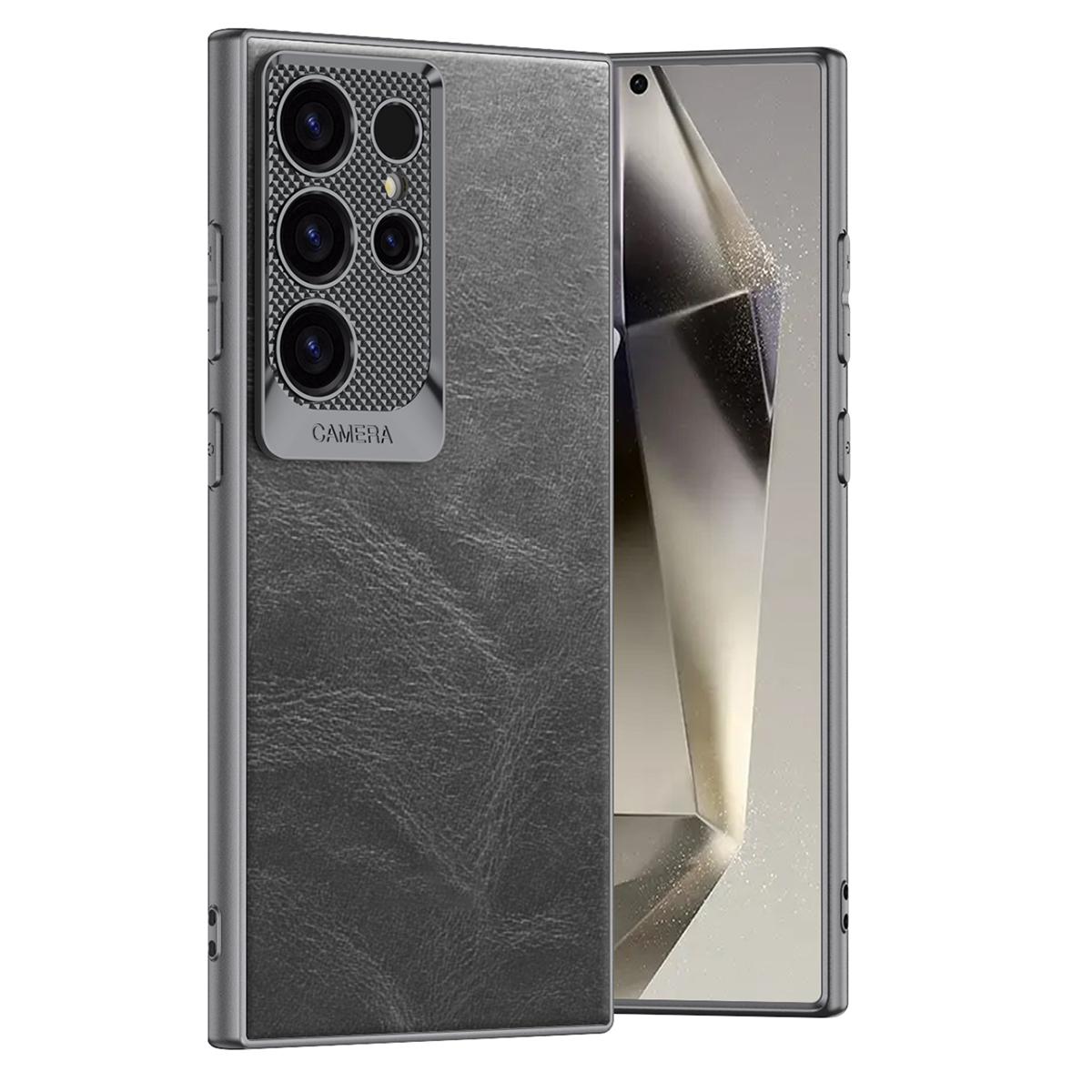 

For Samsung Galaxy S24 Ultra Case Waxy PU+TPU+PC Phone Back Cover Dragon Scale Design Grey