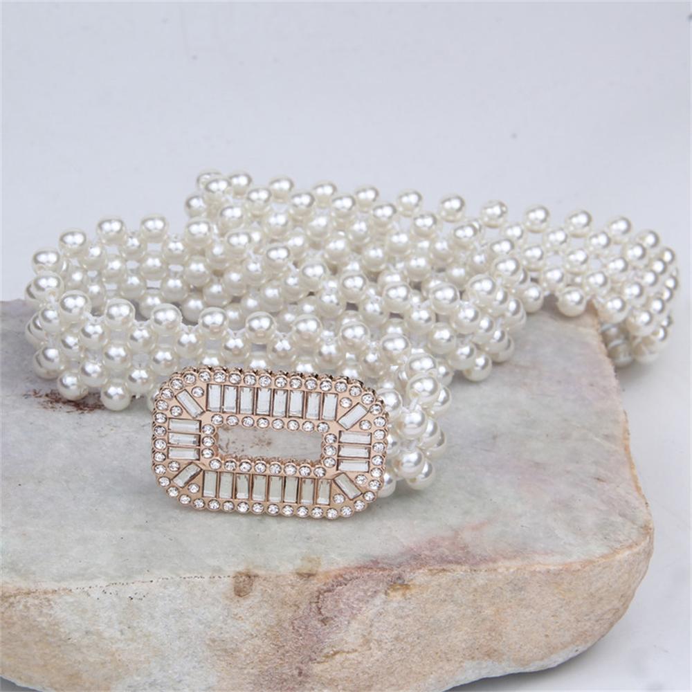 1PC Women's Elastic Waist Belt With Gold Buckle And Five Rows Of Faux Pearls, Sweet And Fashionable