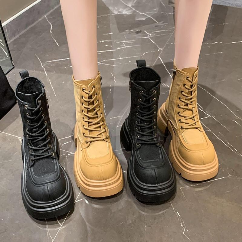 Thick heel short boots thick-soled Martin boots women's new lace-up autumn British wind bumblebee retro