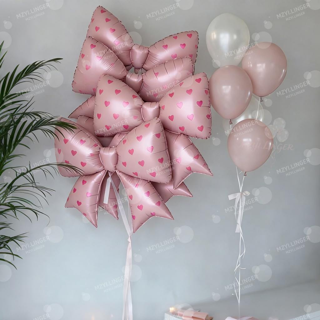 Love Print Bow Aluminum Film Balloon Pink Red Bow Balloon for Birthday Party Wedding Season Mother's Day Decoration Photo Props