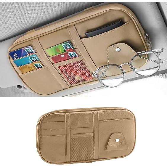 Car Sun Visor Organizer, Multi-Pocket PU Leather Sunglass Holder And Storage Pocket With Net Zipper, Card Sleeve Pocket Organizer, Auto Interior