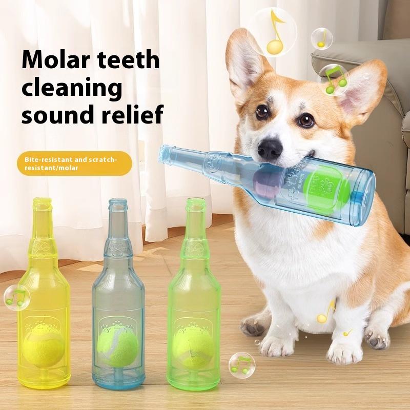 Funny Dog Chew Toy TPR Bottle with Tennis Ball Bite-Resistant Interaction Squeaky Chew Dog Toys