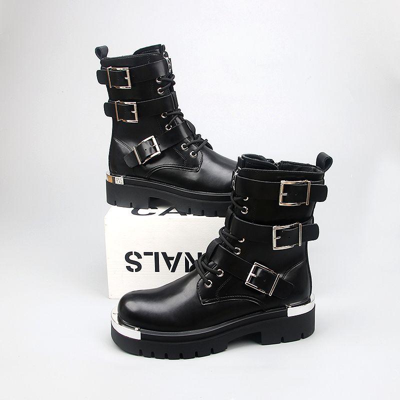 Punk Black Locomotive Trend  Spring High Top Metal Cowboy Height Medium Leather Motorcycle Boots 45 чёрный