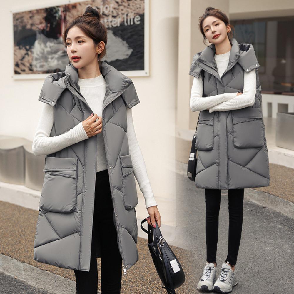 Winter new medium and long large pocket vest thickened hooded vest jacket cotton vest women's trend