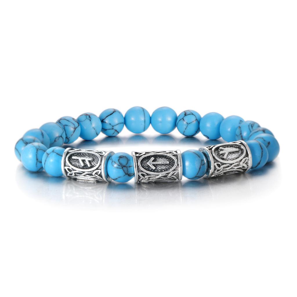 Viking Runes Bracelet for Men 8Mm Lava Obsidian Turquoise Beads Lucky Amulet Norse Jewelry Gift