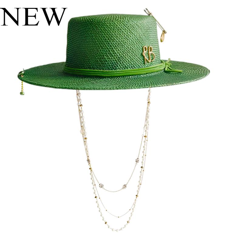 Personalized Flat Top Straw Hat Handmade Design Hat Pearl Chain Summer Sun Hat New Letter Hat Beach Women Gorras Para Hombres