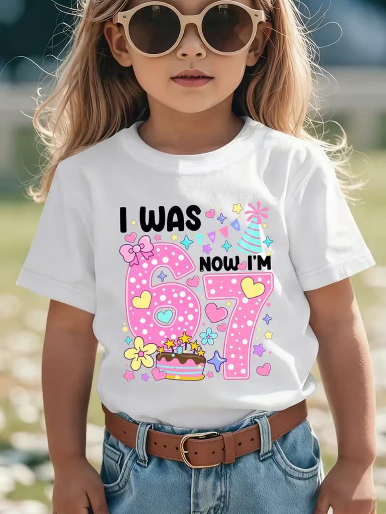 67 Meme T-Shirt for Girls 6-7 Years Old Birthday Party Gifts Summer Short Sleeve Tees Crew Neck Graphic Y2k Children's Clothing