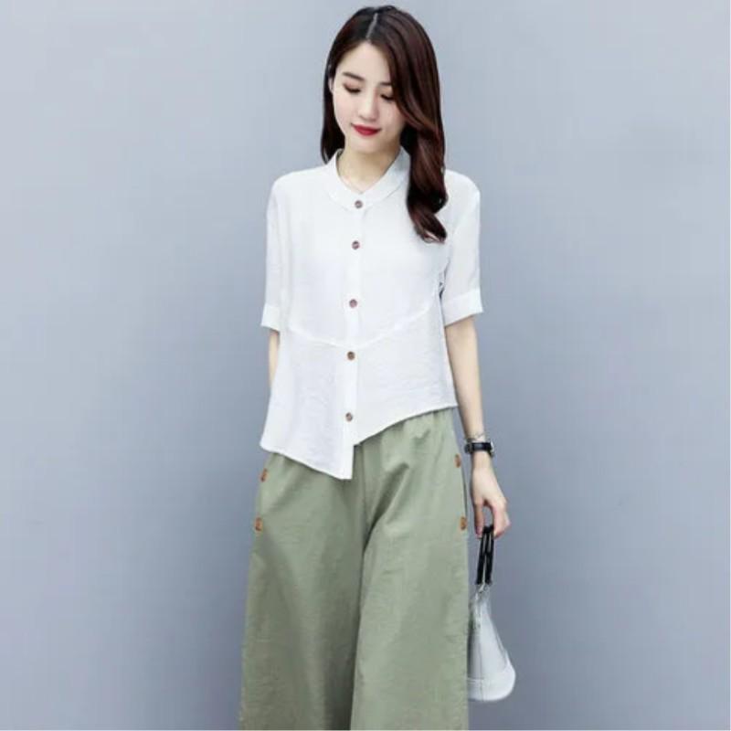 

Женский летний элегантный повседневный костюм для мамы среднего возраста: нерегулярный топ с коротким рукавом + брюки широкого кроя, костюм-двойка XXS