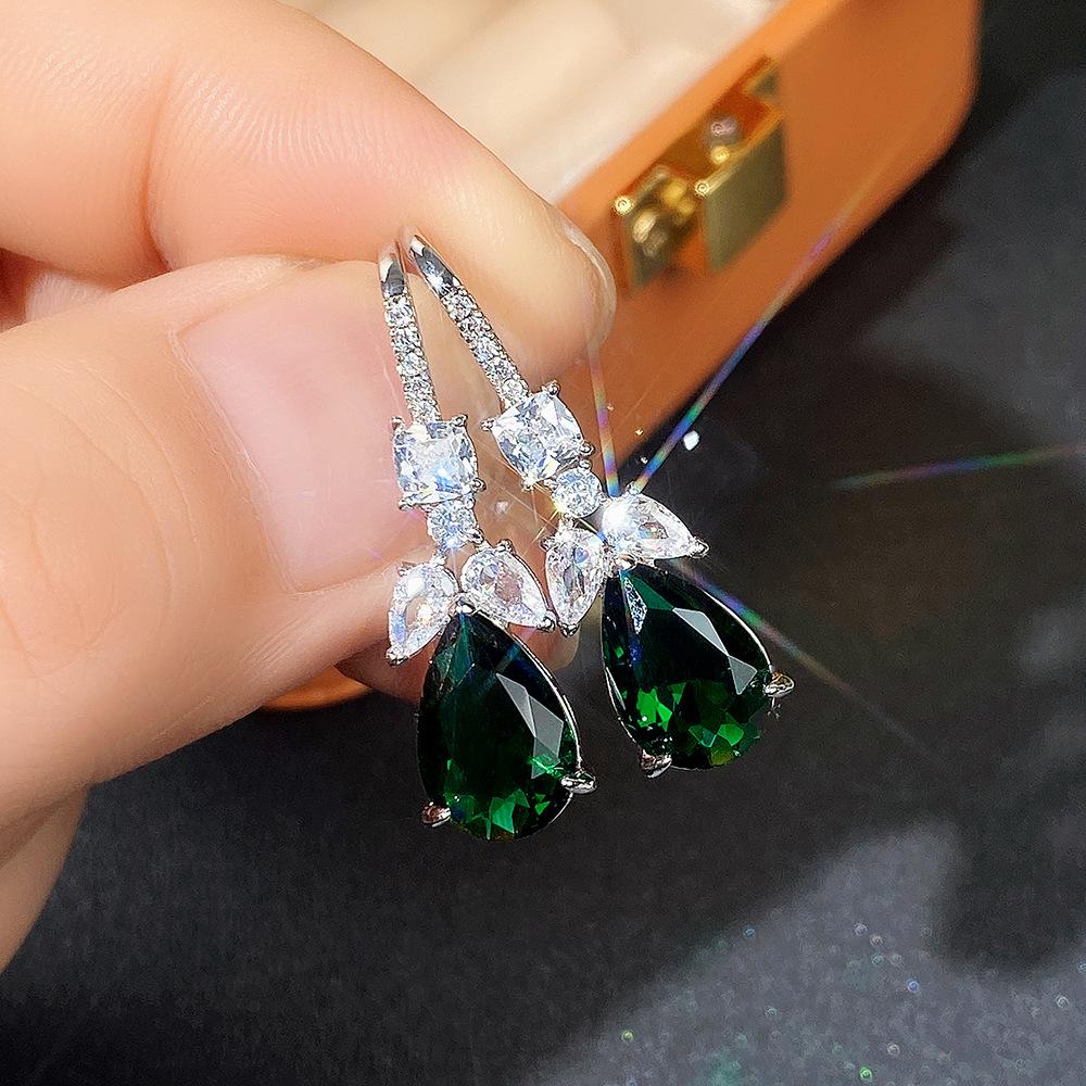 Earrings, Luxury Fashion Emerald Zircon Earrings, Retro Water Drop Pear-Shaped Earrings.