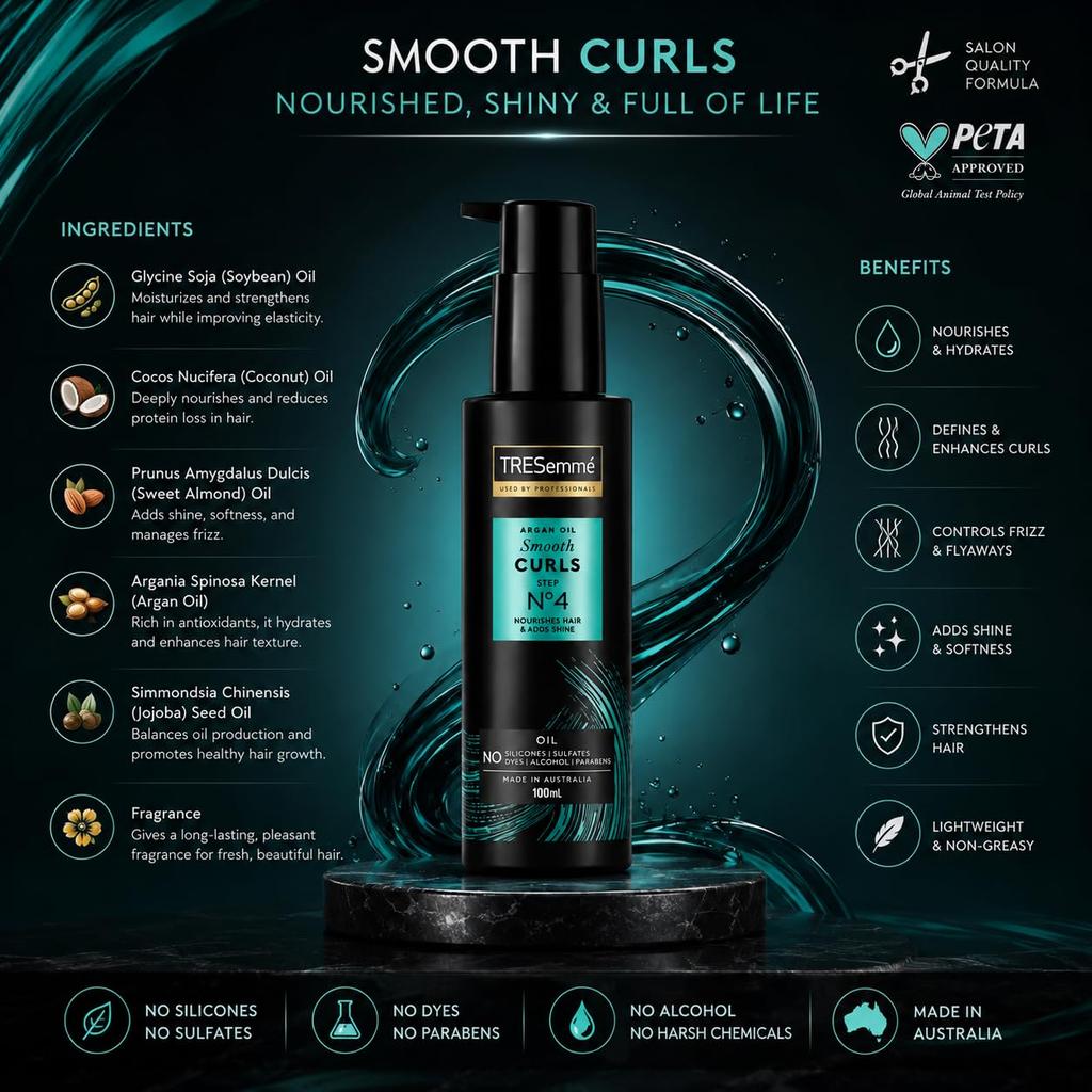 TRESemmé Smooth Curls Argan Oil Hair Serum, Anti-Frizz Nourishing Hair Oil for Curly & Wavy Hair, Lightweight Shine & Smoothening Formula, No Sil
