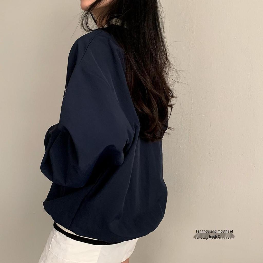 Navy V-Neck Color Block Baseball Girl Sweatshirt - Casual Loose Fit, Thin Long Sleeve