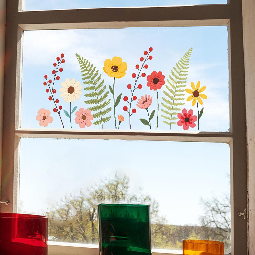 Static Cling Glass Window Stickers Colorful Small Flowers Leaves for Cabinet Shop Window Home Decor