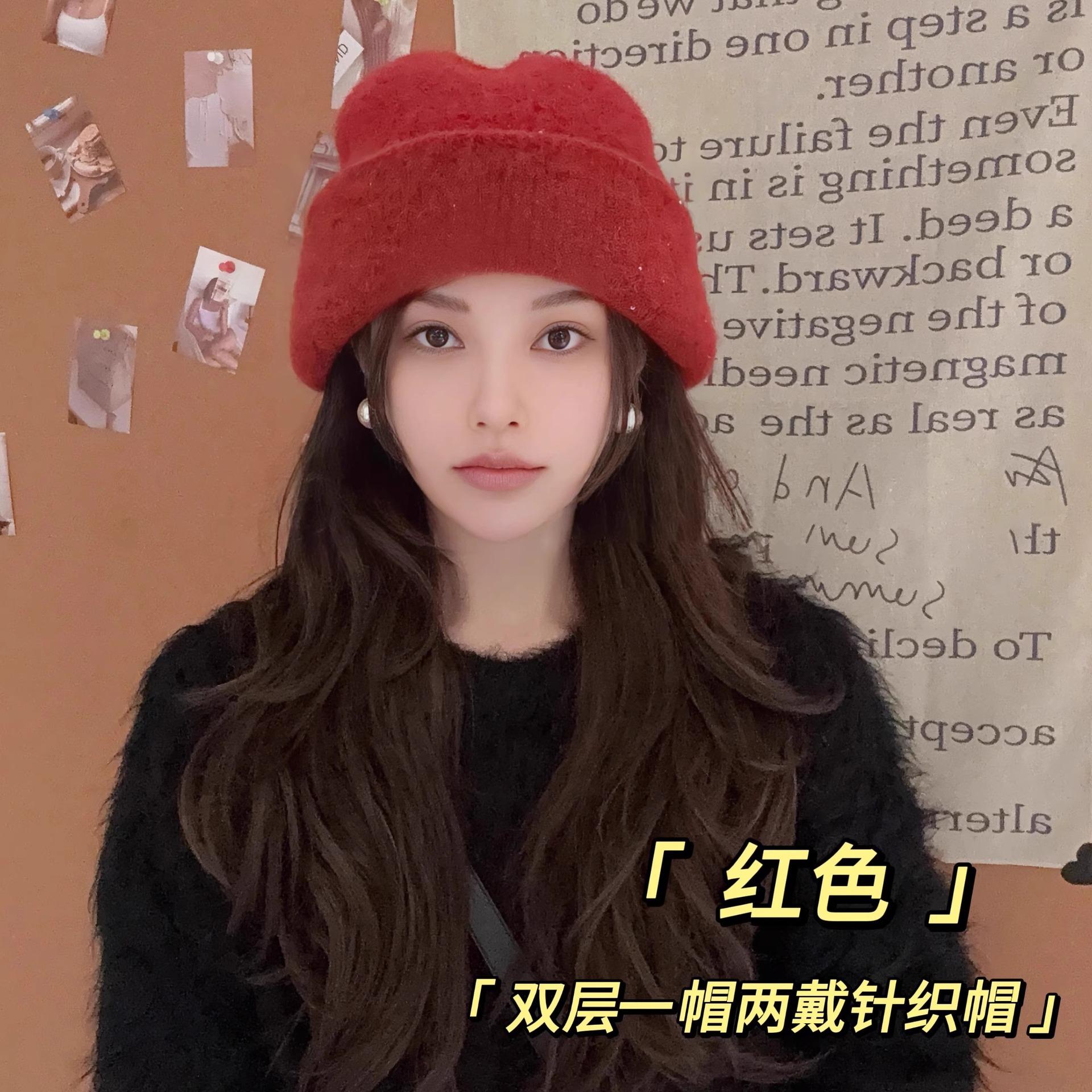 

One hat and two wool-blend knitted hats for women s autumn and winter warm double-layer thickened wool hats, big head circumference stacking hats